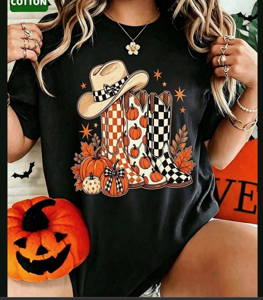 Fall Cowboy Boots Shirt, Pumpkin Checkerboard Western Graphic Tee