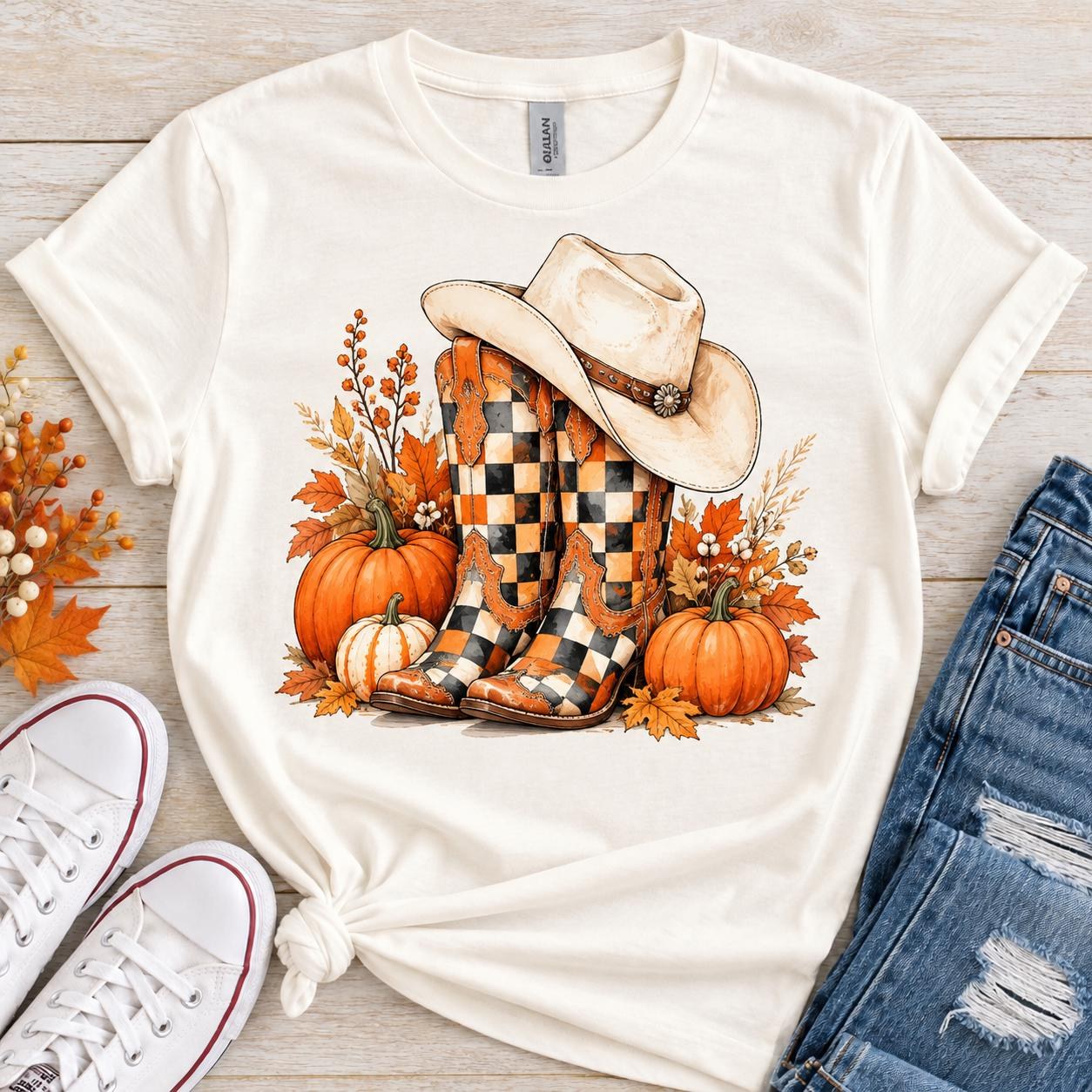 Fall Cowboy Boots Shirt, Pumpkin Checkerboard Western Graphic Tee, view 2