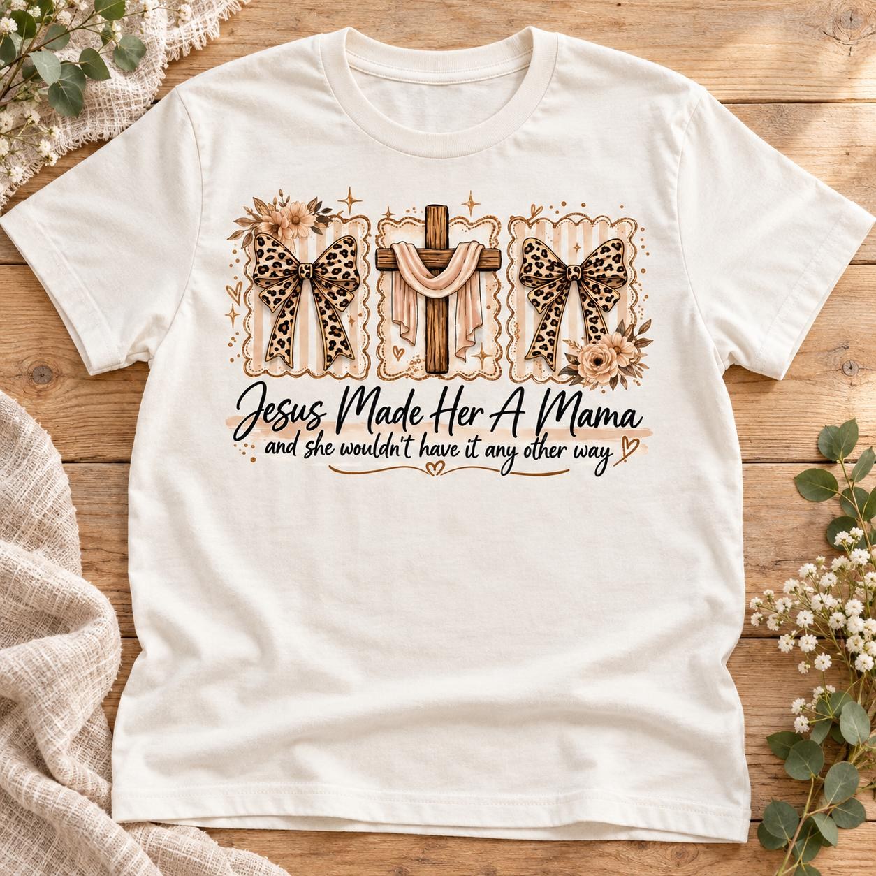 Jesus Made Her a Mama Shirt, Leopard Bows Cross Christian Mom Tee