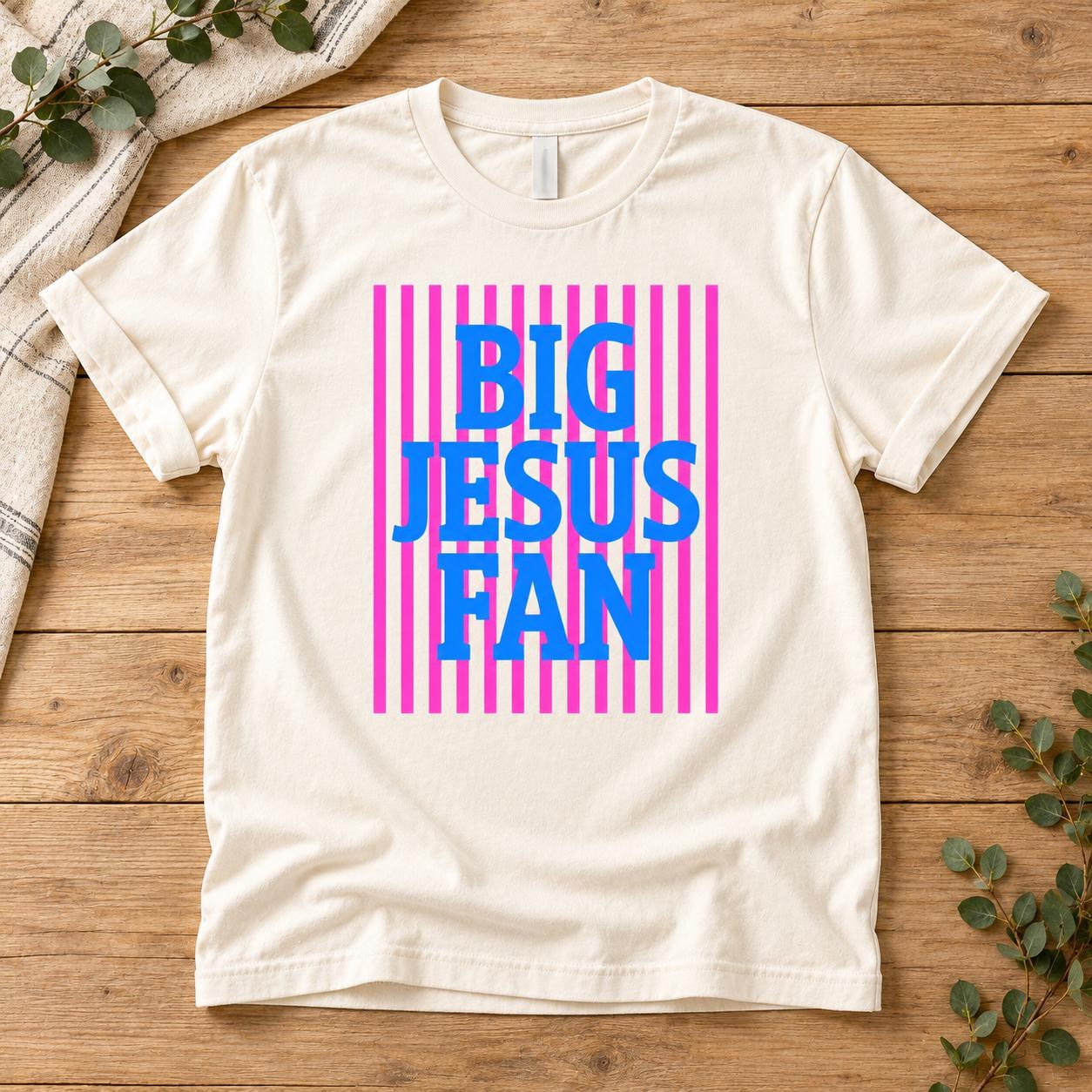 Big Jesus Fan Shirt, Blue Lettering Pink Stripes Christian Graphic Tee