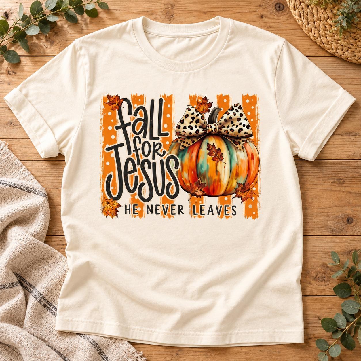 Fall for Jesus Shirt, He Never Leaves Pumpkin Leopard Bow Christian Tee