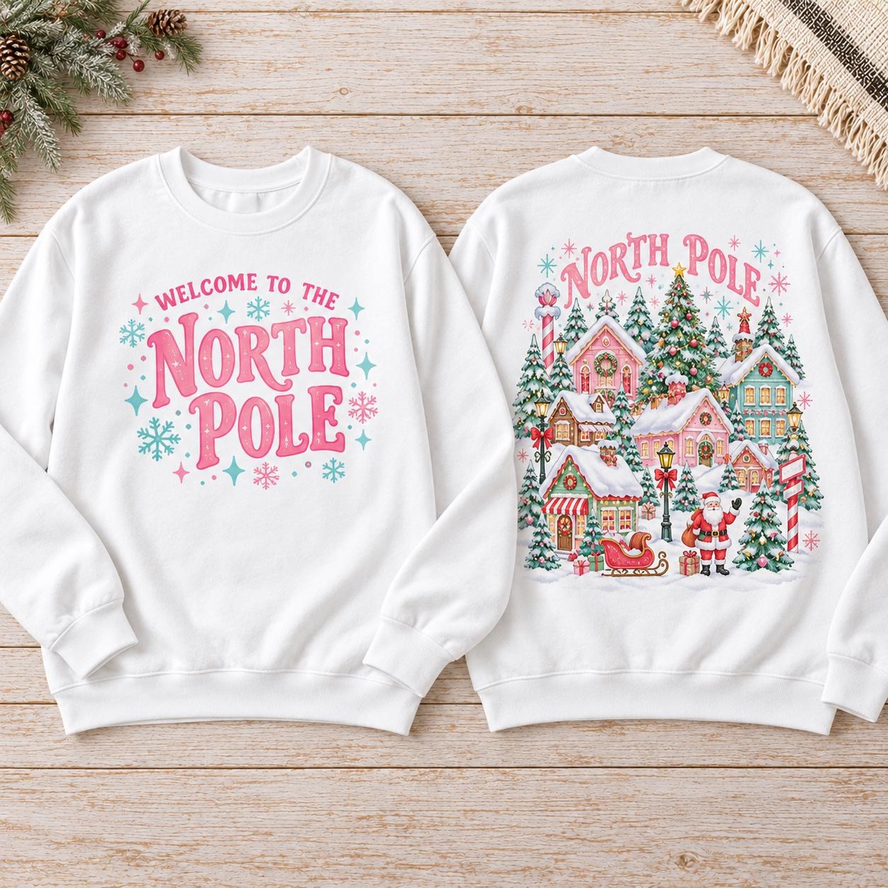 North Pole Christmas Sweatshirt, Pink Front and Back Holiday Crewneck, view 2