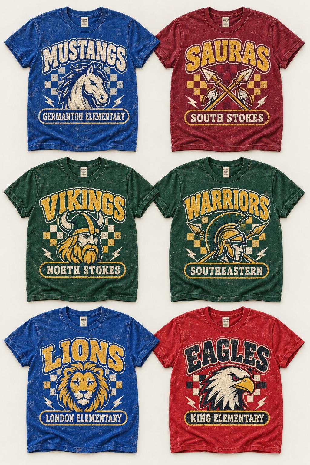School Spirit Shirt Collection, Mustangs Sauras Vikings Warriors Lions Eagles