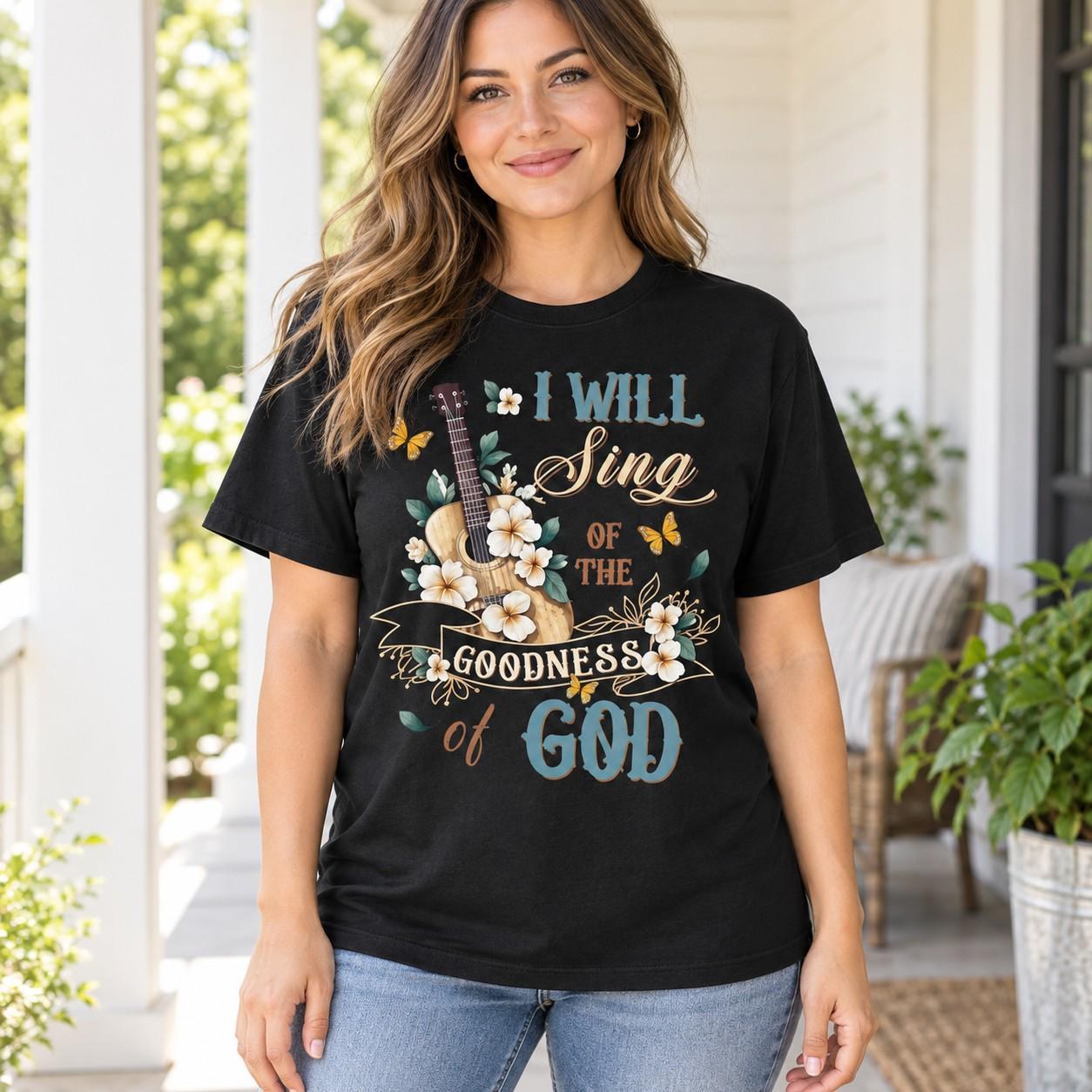 Goodness of God Shirt, Floral Guitar Christian Worship Graphic Tee, view 5