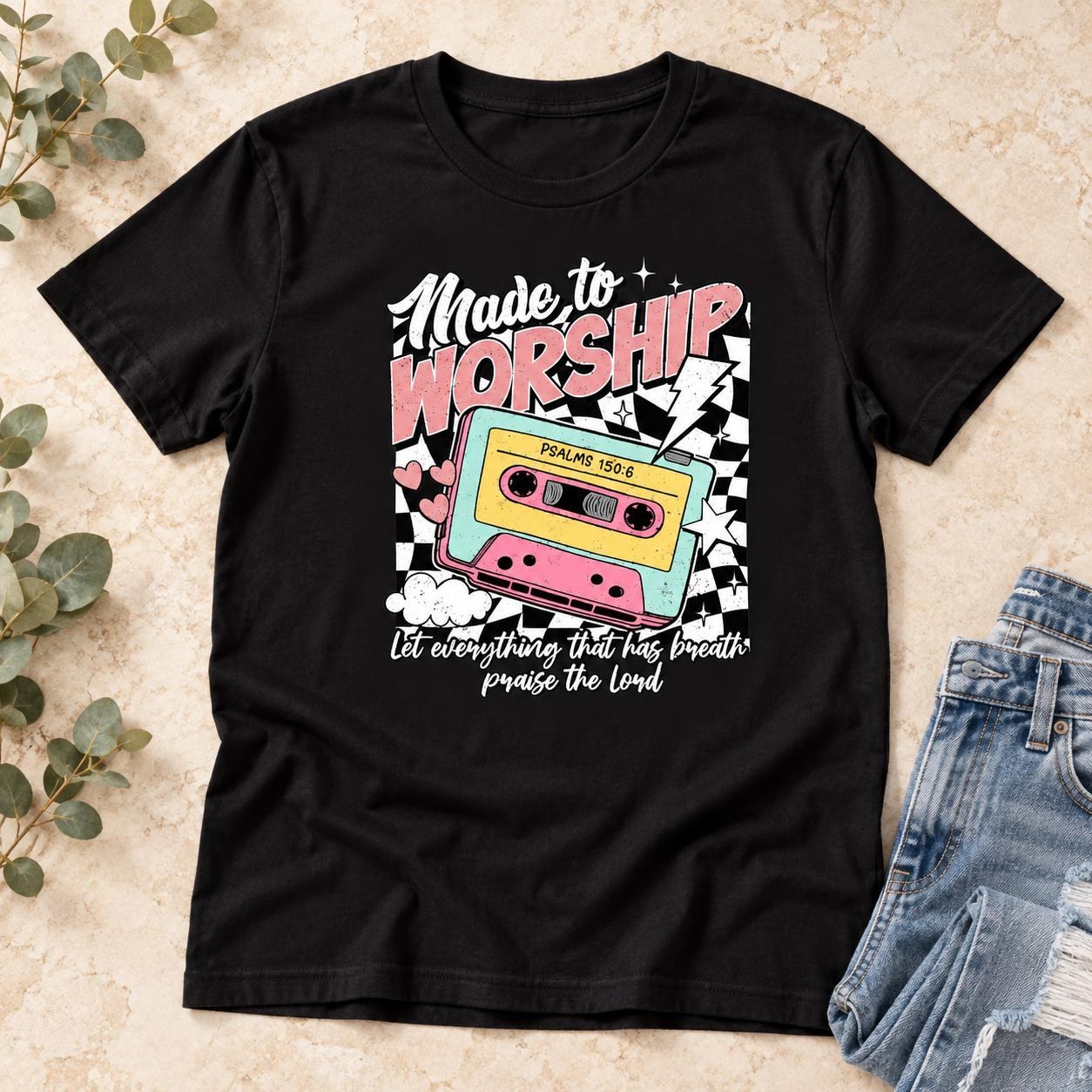Made to Worship Shirt, Retro Cassette Psalm 150:6 Christian Graphic Tee
