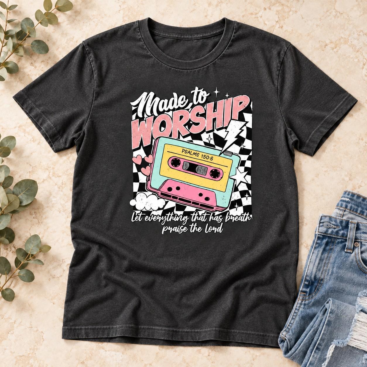 Made to Worship Shirt, Retro Cassette Psalm 150:6 Christian Graphic Tee, view 2