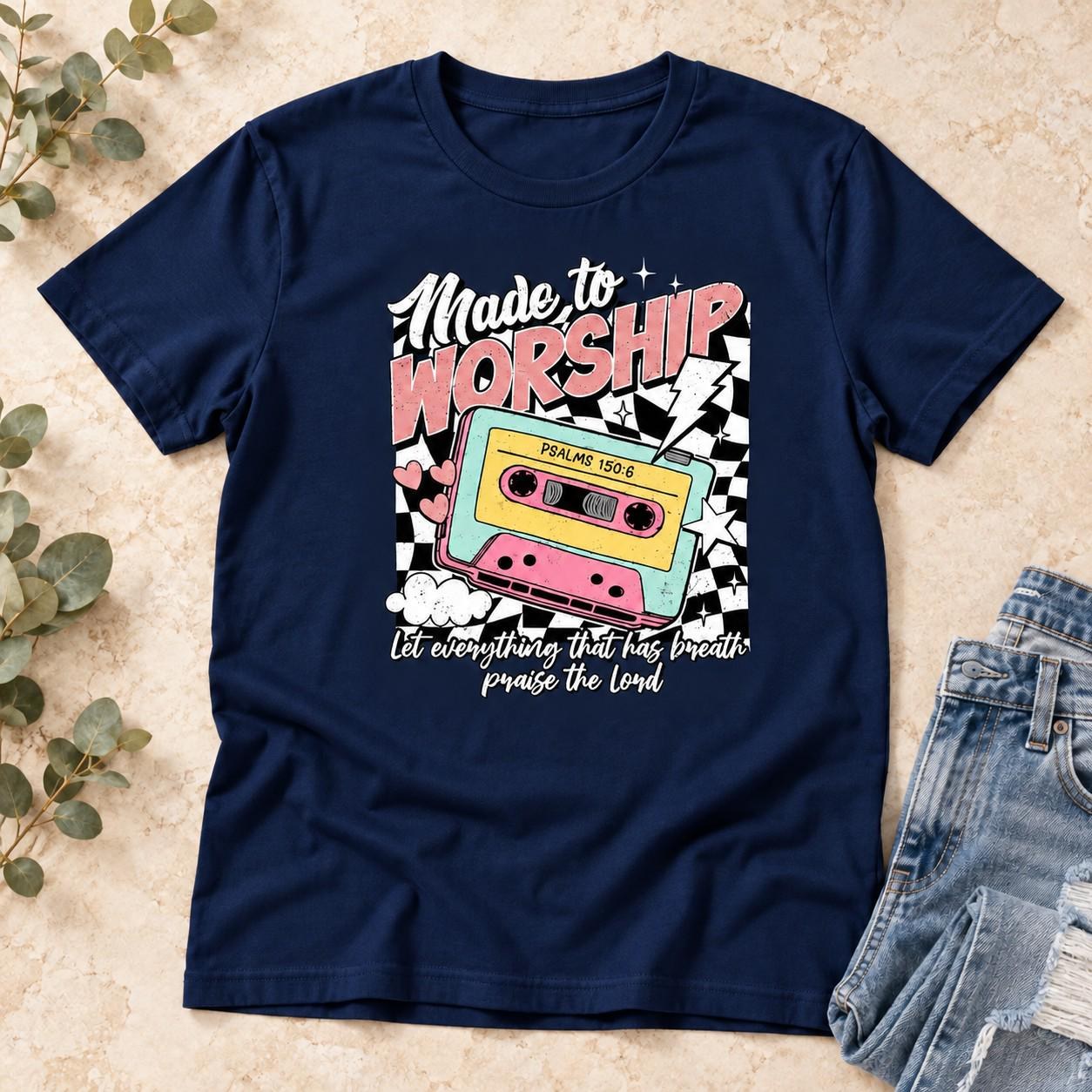 Made to Worship Shirt, Retro Cassette Psalm 150:6 Christian Graphic Tee, view 3