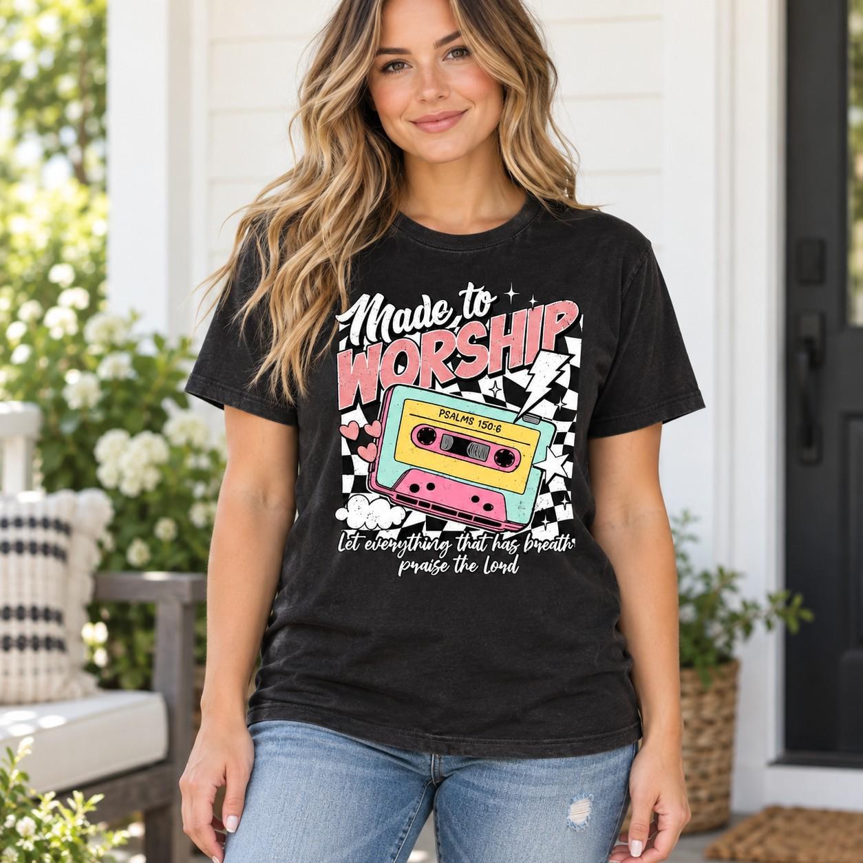 Made to Worship Shirt, Retro Cassette Psalm 150:6 Christian Graphic Tee, view 5