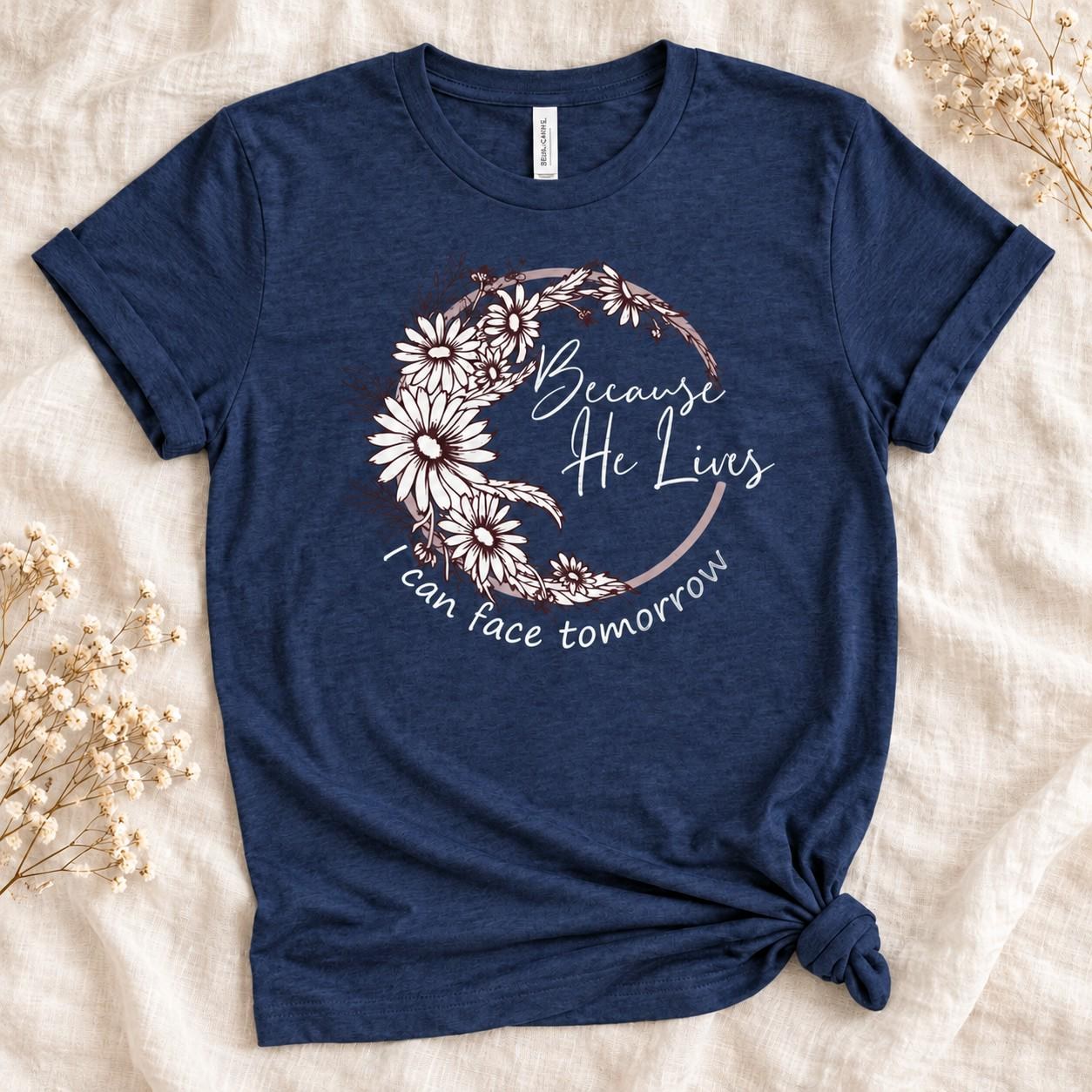 Because He Lives Shirt, Floral Wreath Christian Faith Graphic Tee, view 3