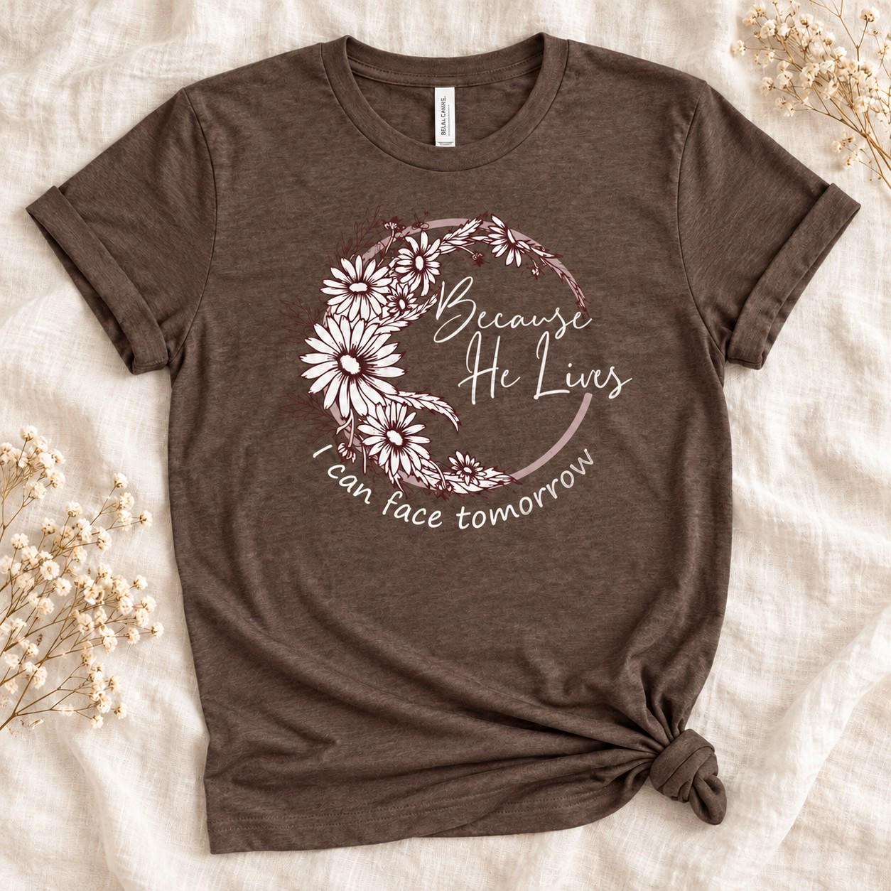 Because He Lives Shirt, Floral Wreath Christian Faith Graphic Tee, view 4