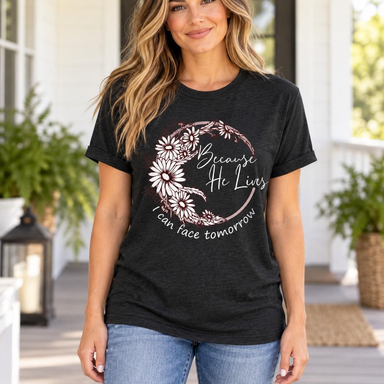 Because He Lives Shirt, Floral Wreath Christian Faith Graphic Tee, view 5