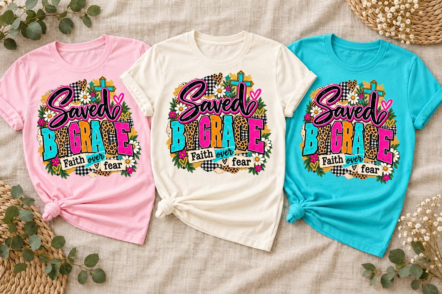 Saved by Grace Shirt, Faith Over Fear Floral Cross Christian Tee