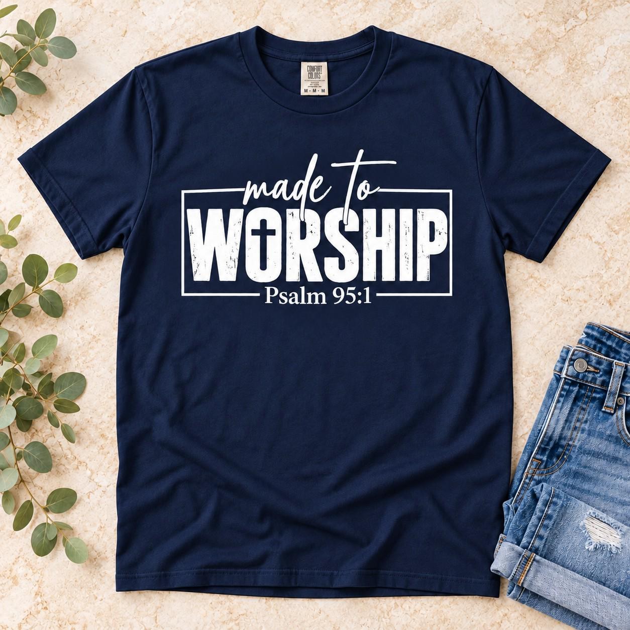 Made to Worship Shirt, Psalm 95:1 Distressed Cross Christian Tee, view 2