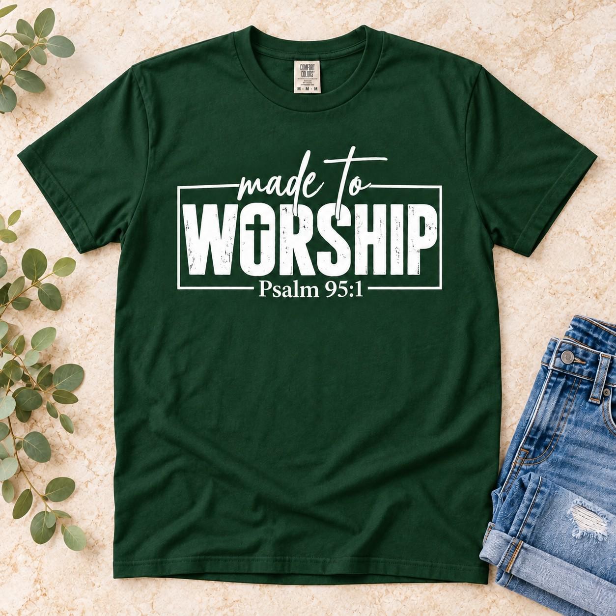 Made to Worship Shirt, Psalm 95:1 Distressed Cross Christian Tee, view 3