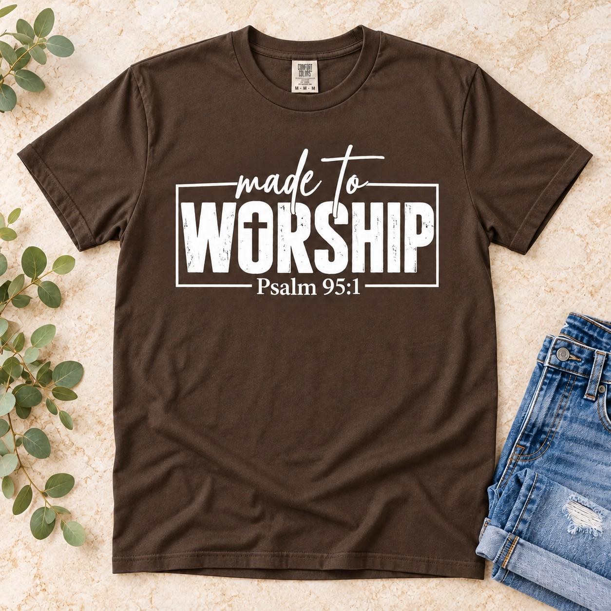 Made to Worship Shirt, Psalm 95:1 Distressed Cross Christian Tee, view 4
