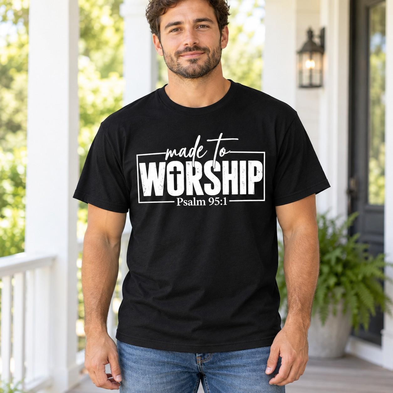 Made to Worship Shirt, Psalm 95:1 Distressed Cross Christian Tee, view 5