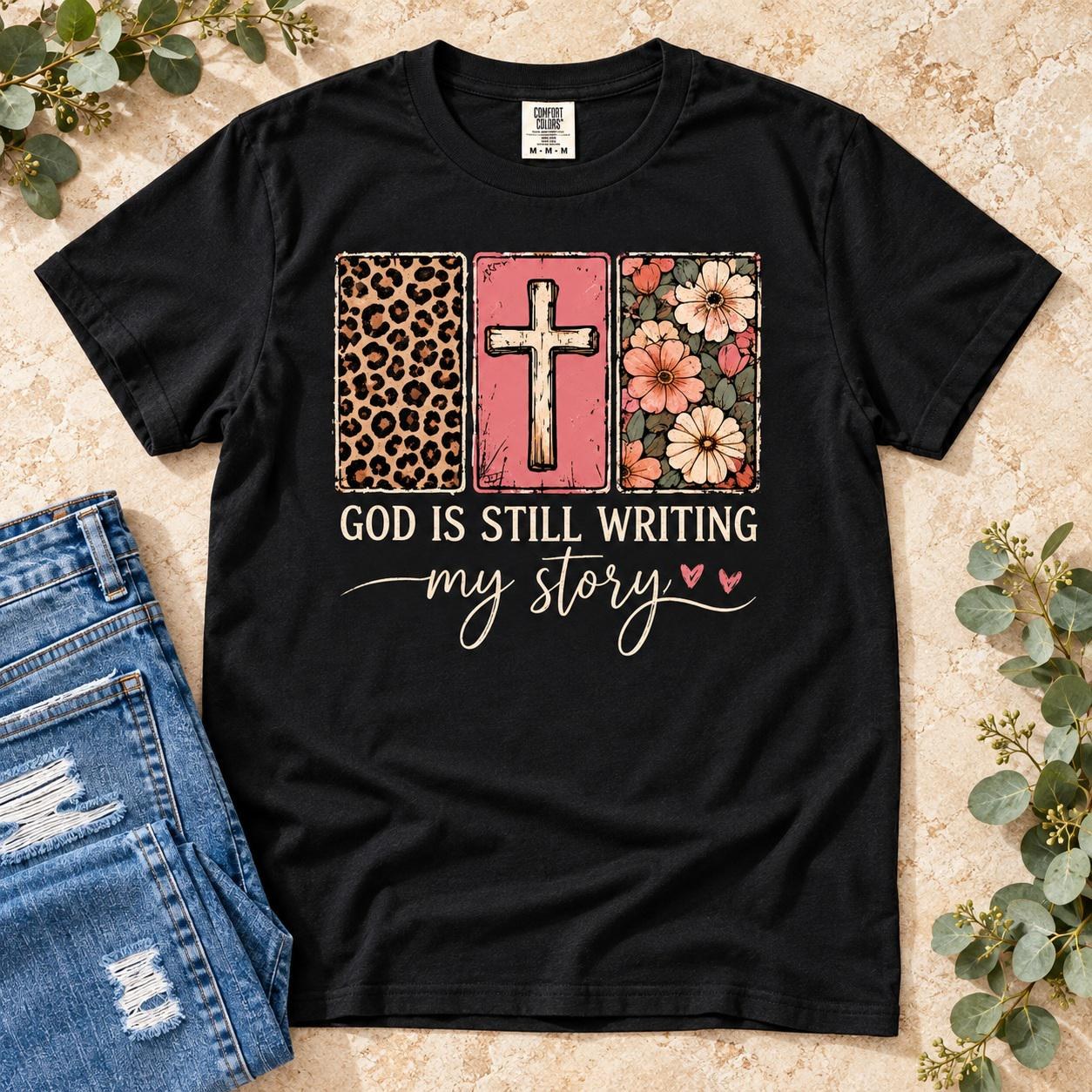 God Is Still Writing My Story Shirt, Floral Leopard Cross Christian Tee