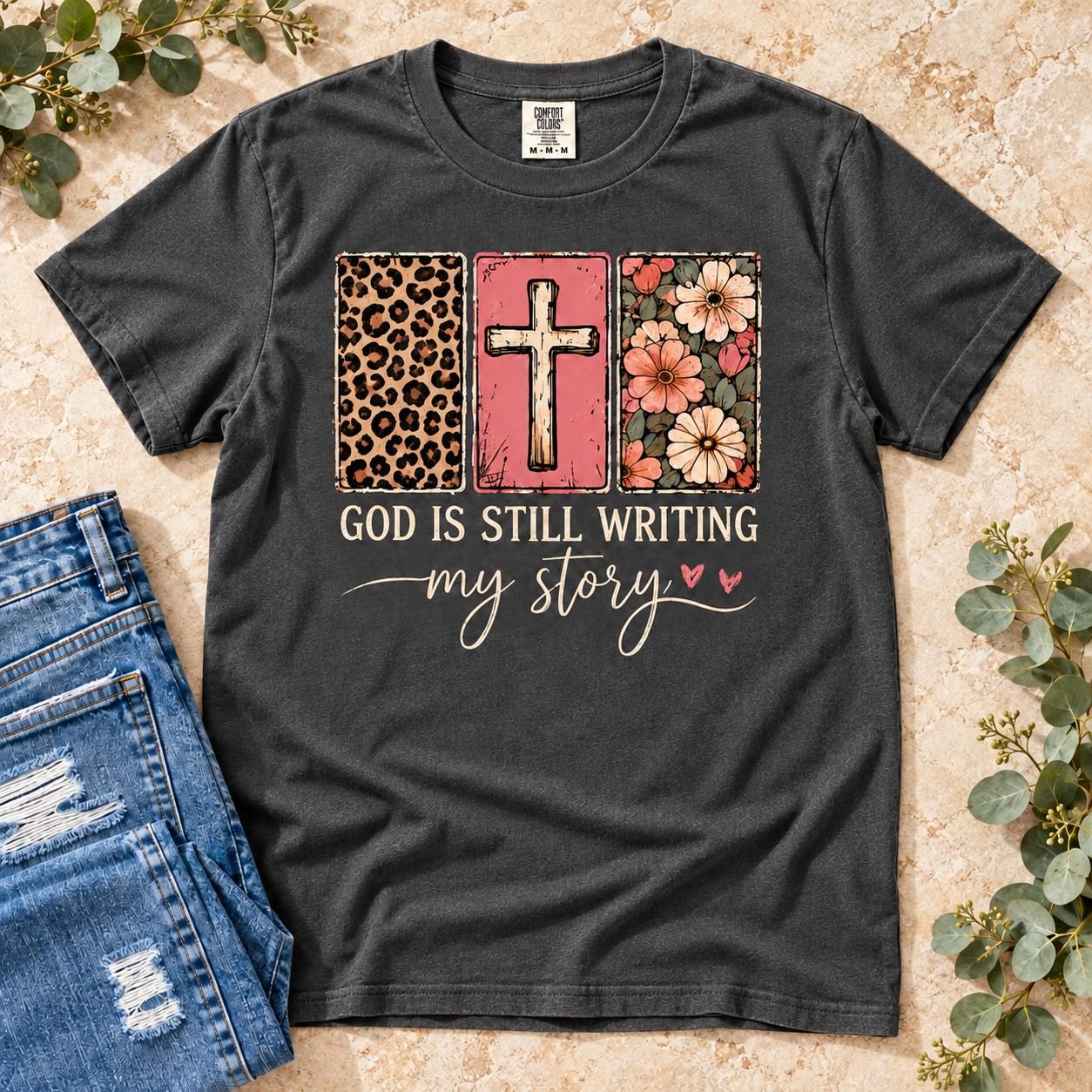 God Is Still Writing My Story Shirt, Floral Leopard Cross Christian Tee, view 2