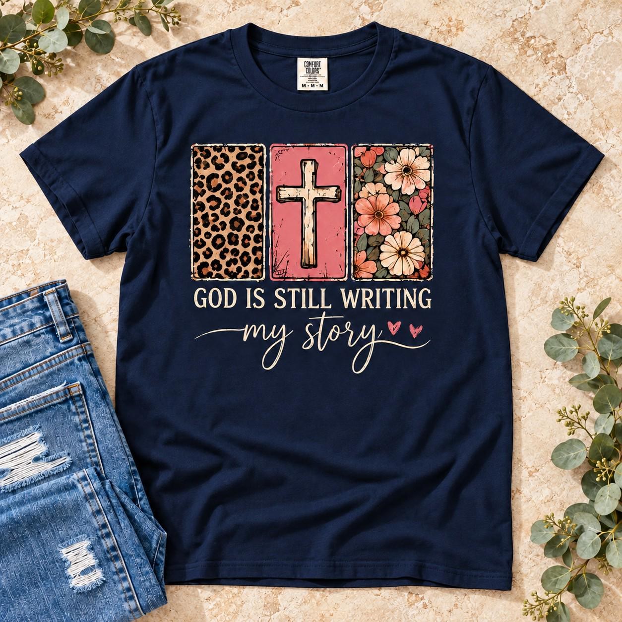 God Is Still Writing My Story Shirt, Floral Leopard Cross Christian Tee, view 3