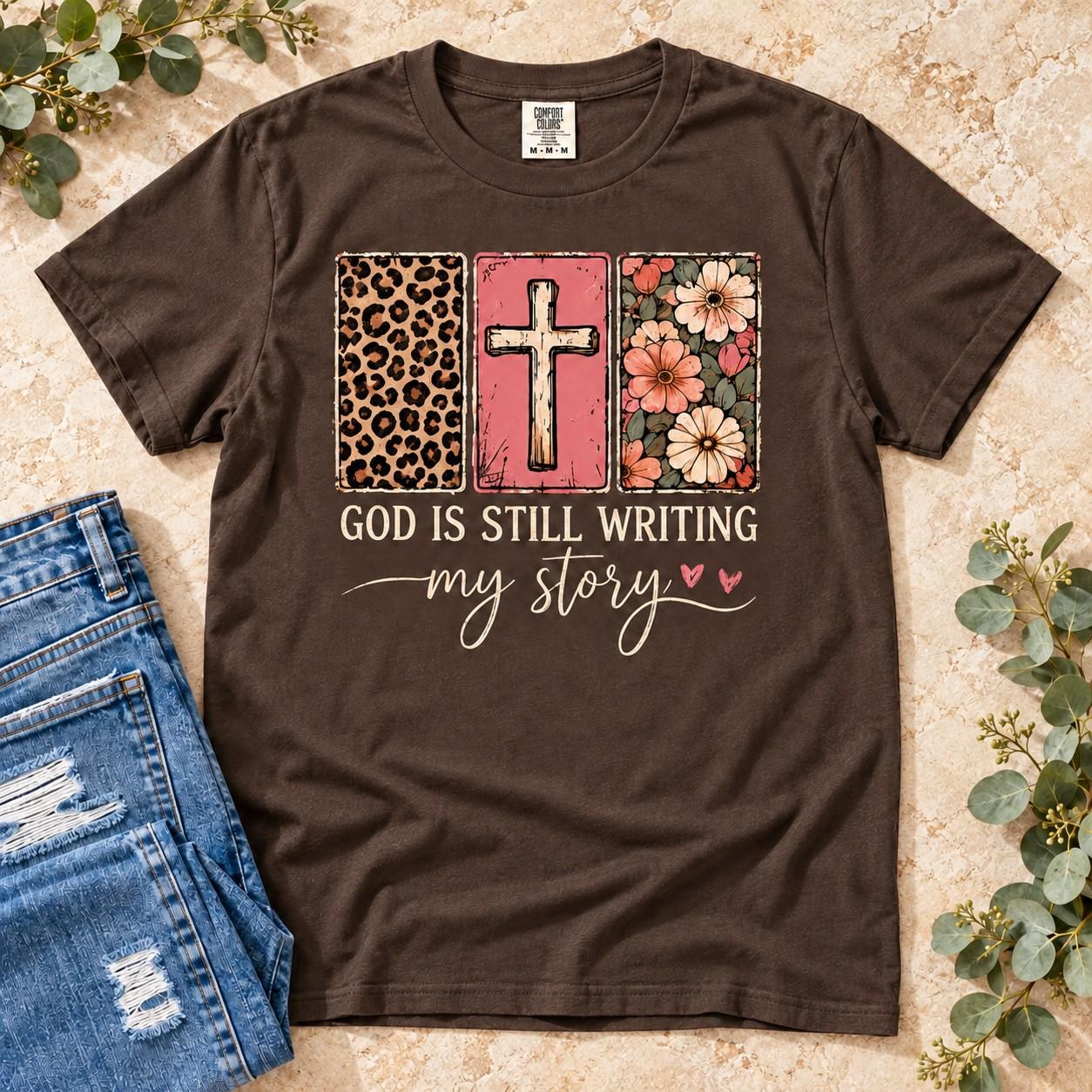 God Is Still Writing My Story Shirt, Floral Leopard Cross Christian Tee, view 4