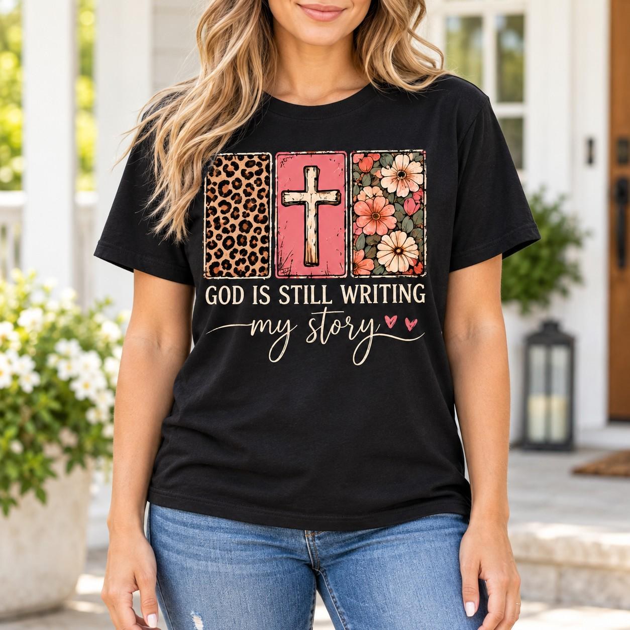 God Is Still Writing My Story Shirt, Floral Leopard Cross Christian Tee, view 5
