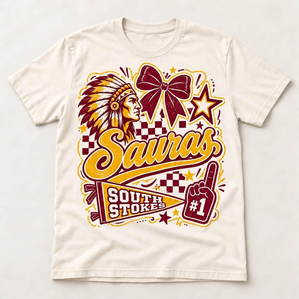 South Stokes Sauras Shirt, Maroon Gold Mascot Bow School Spirit Tee