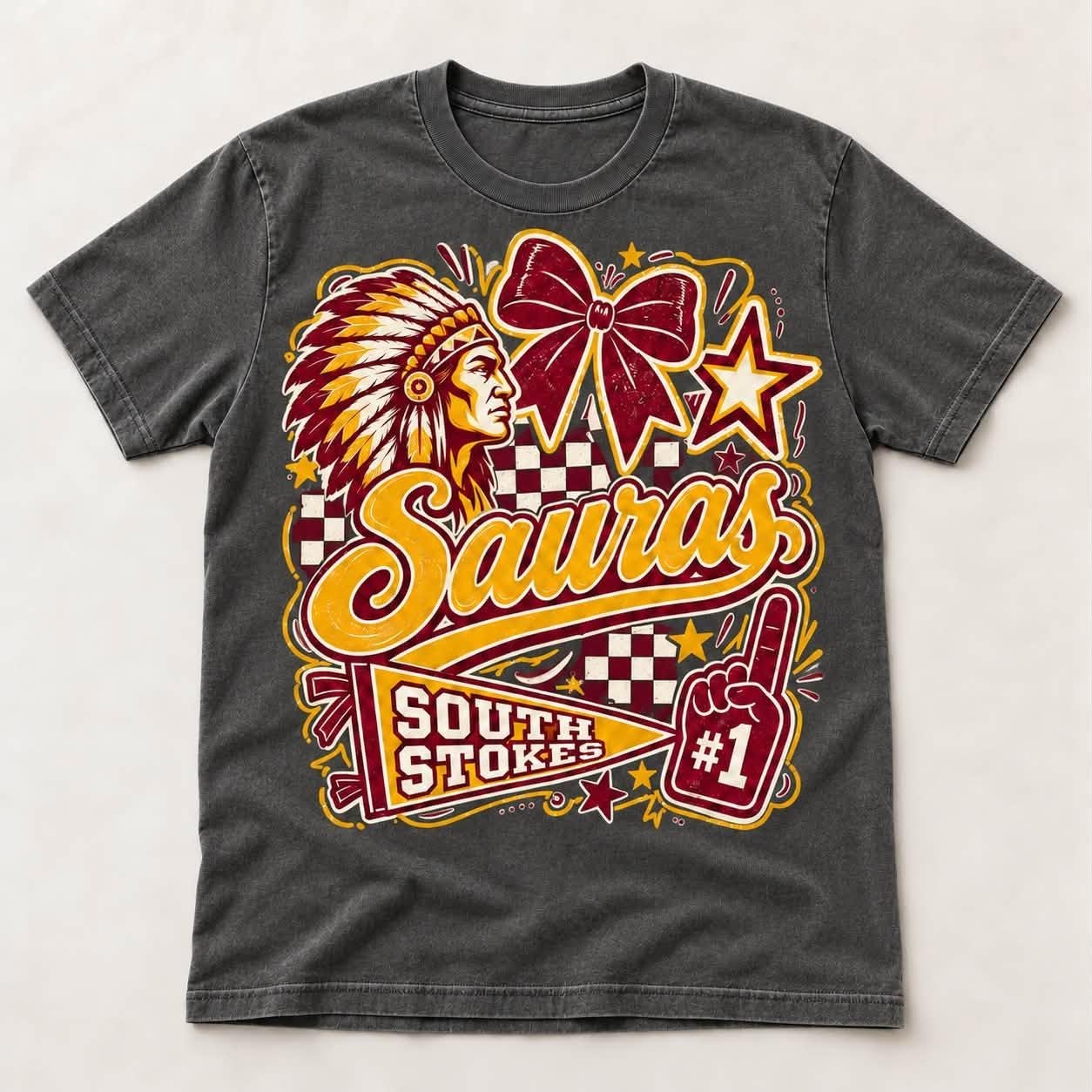 South Stokes Sauras Shirt, Maroon Gold Mascot Bow School Spirit Tee, view 2