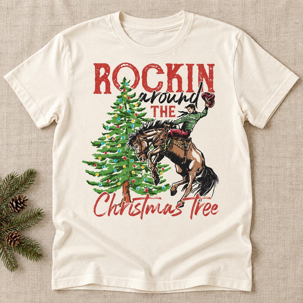 Rockin Around the Christmas Tree Shirt, Western Cowboy Holiday Graphic Tee