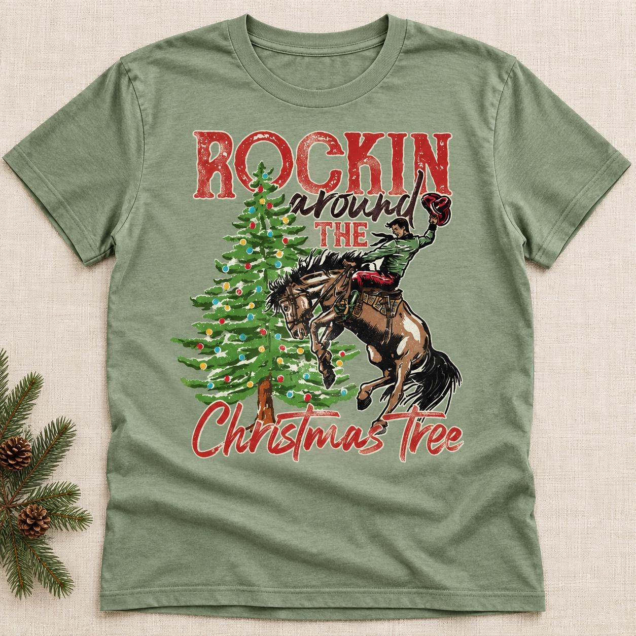 Rockin Around the Christmas Tree Shirt, Western Cowboy Holiday Graphic Tee, view 2