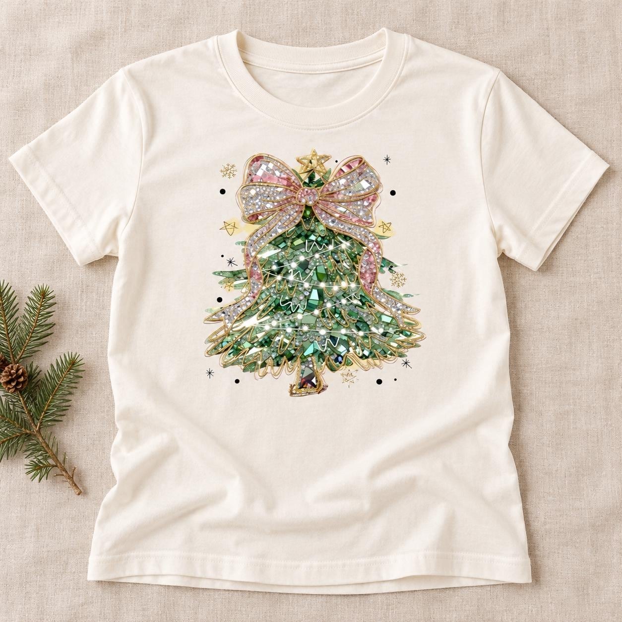 Christmas Tree Bow Shirt, Jeweled Holiday Tree Graphic Tee