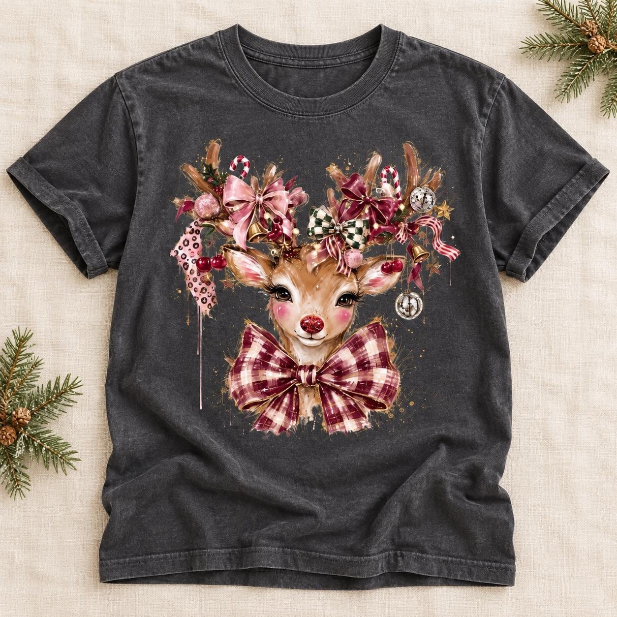 Reindeer Christmas Shirt, Festive Bows and Ornaments Holiday Graphic Tee