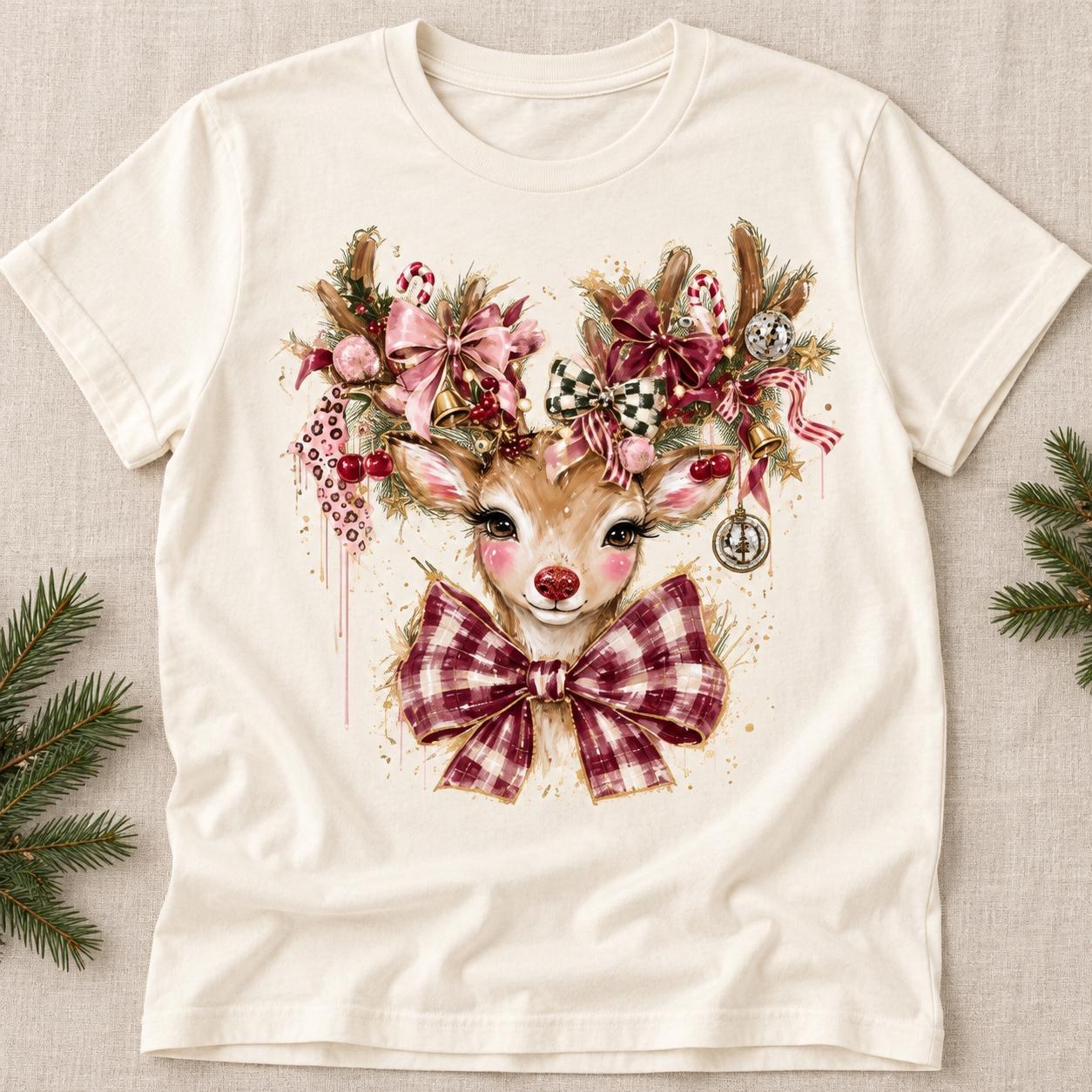Reindeer Christmas Shirt, Festive Bows and Ornaments Holiday Graphic Tee, view 2