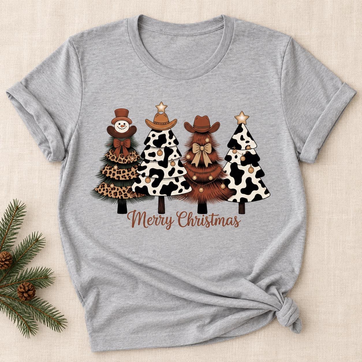 Western Christmas Trees Shirt, Cow Print and Leopard Merry Christmas Tee