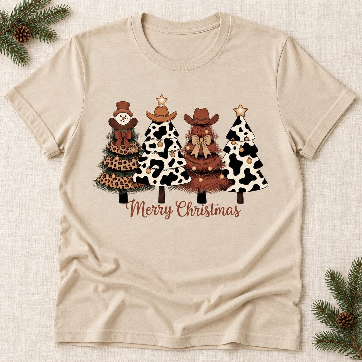 Western Christmas Trees Shirt, Cow Print and Leopard Merry Christmas Tee, view 2