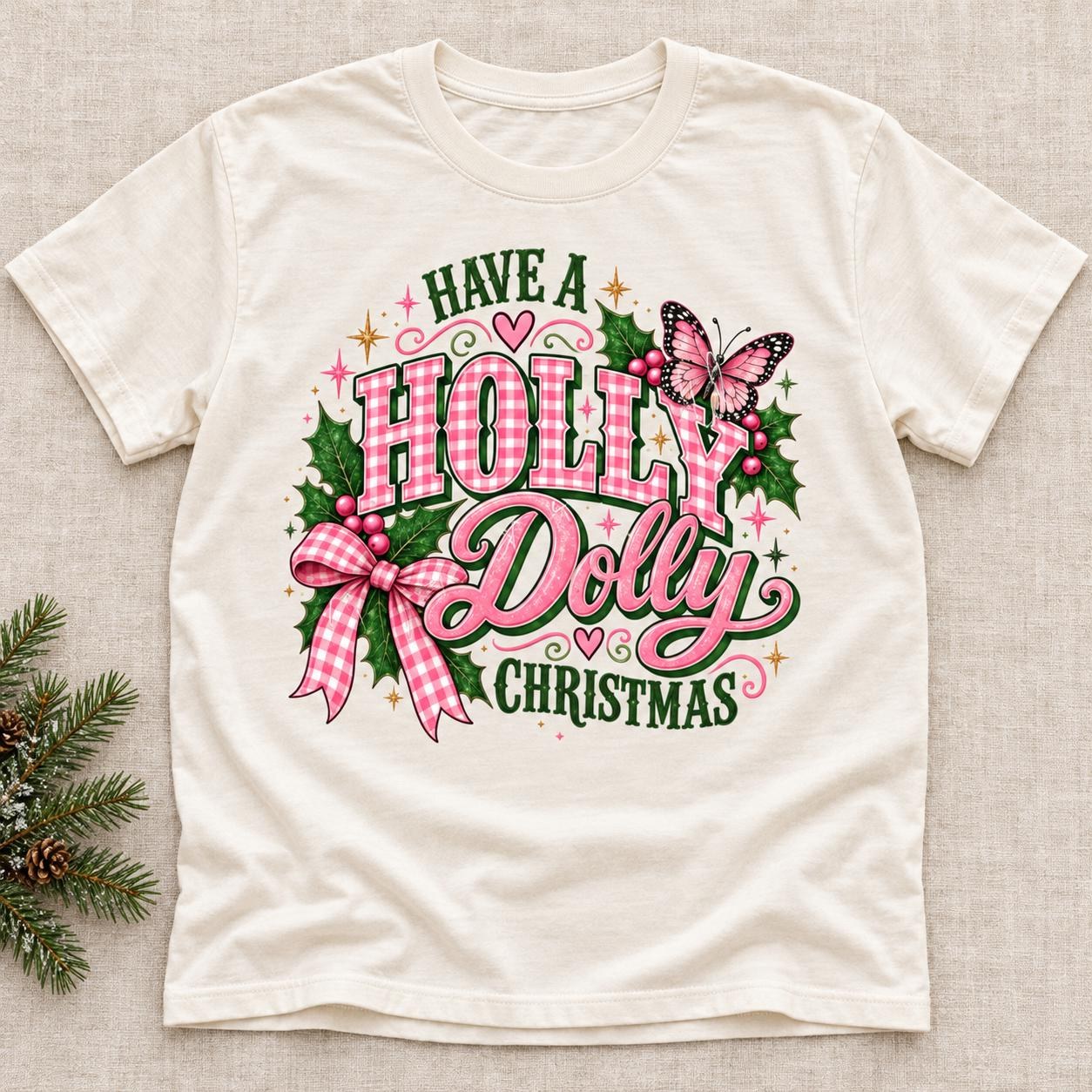 Holly Dolly Christmas Shirt, Pink Gingham Bow and Holly Holiday Graphic Tee