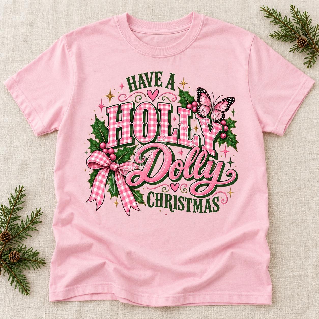 Holly Dolly Christmas Shirt, Pink Gingham Bow and Holly Holiday Graphic Tee, view 2