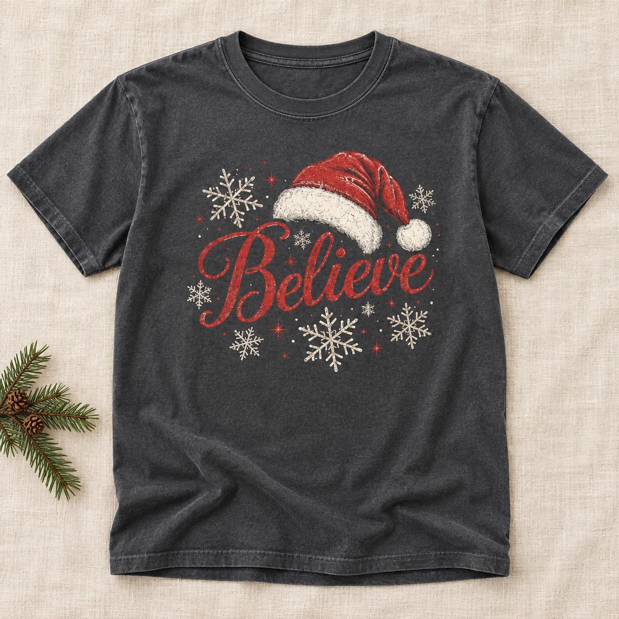Believe Christmas Shirt, Santa Hat and Snowflakes Holiday Graphic Tee