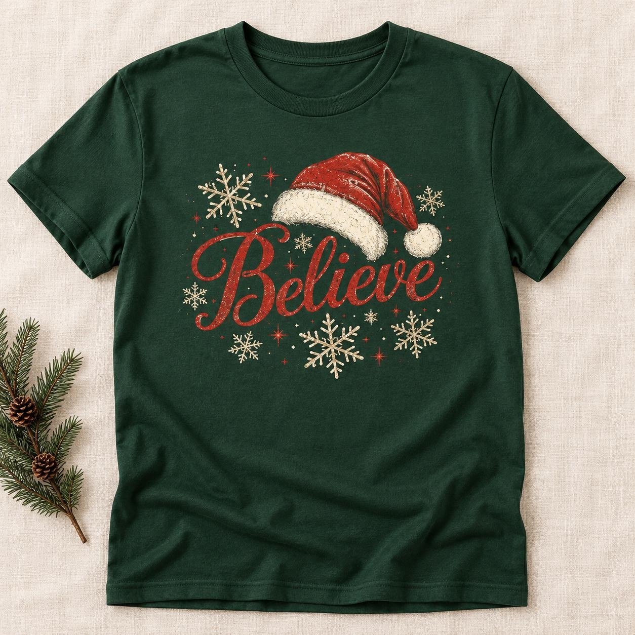 Believe Christmas Shirt, Santa Hat and Snowflakes Holiday Graphic Tee, view 2