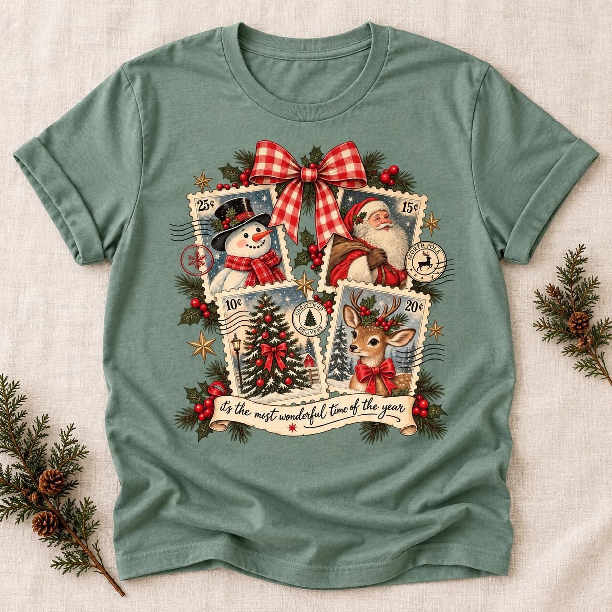 Vintage Christmas Stamps Shirt, Santa Snowman Reindeer Holiday Graphic Tee