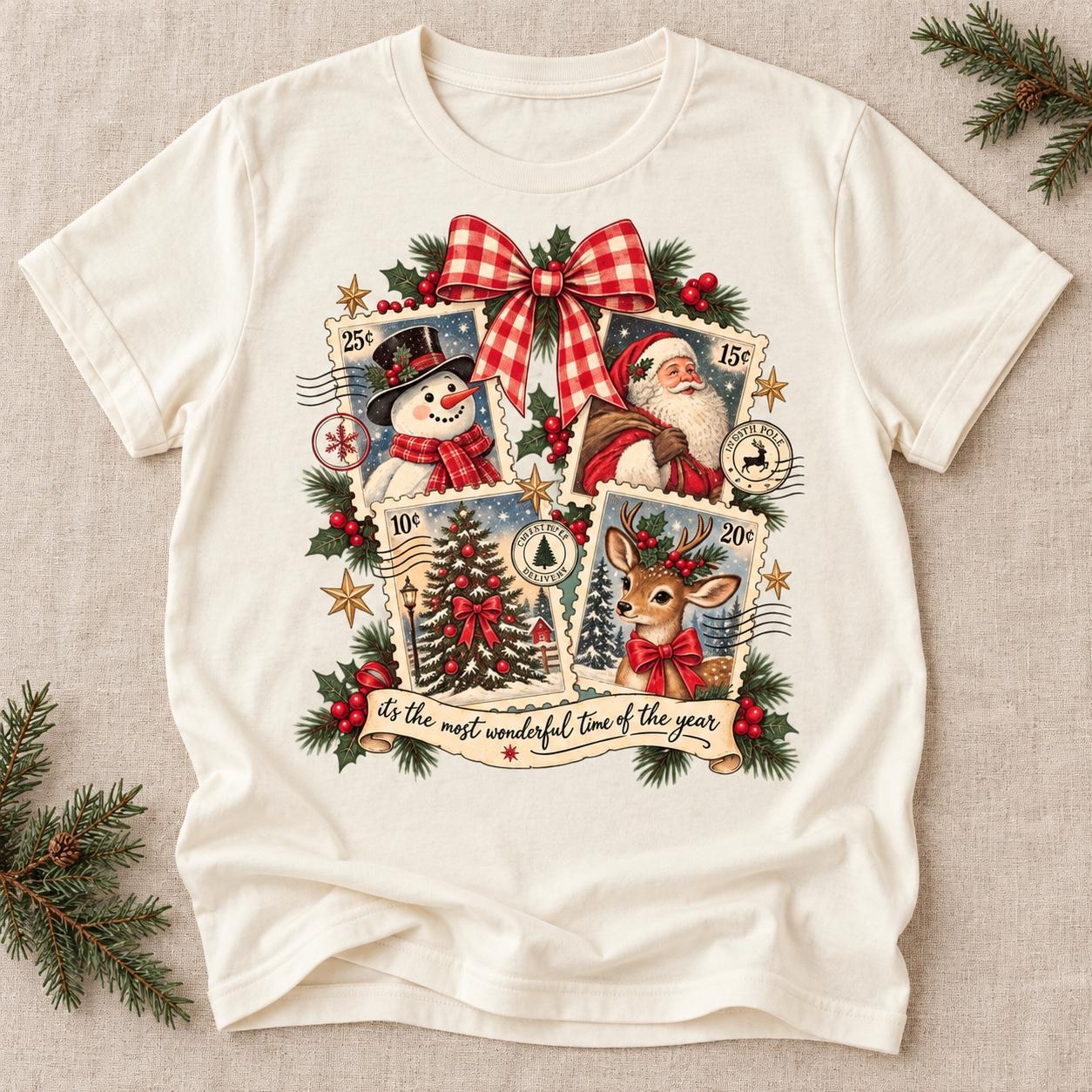 Vintage Christmas Stamps Shirt, Santa Snowman Reindeer Holiday Graphic Tee, view 2
