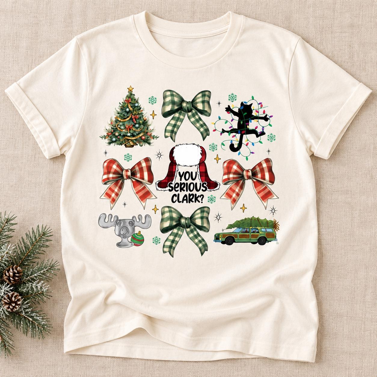 You Serious Clark Christmas Shirt, Plaid Bows Holiday Collage Graphic Tee