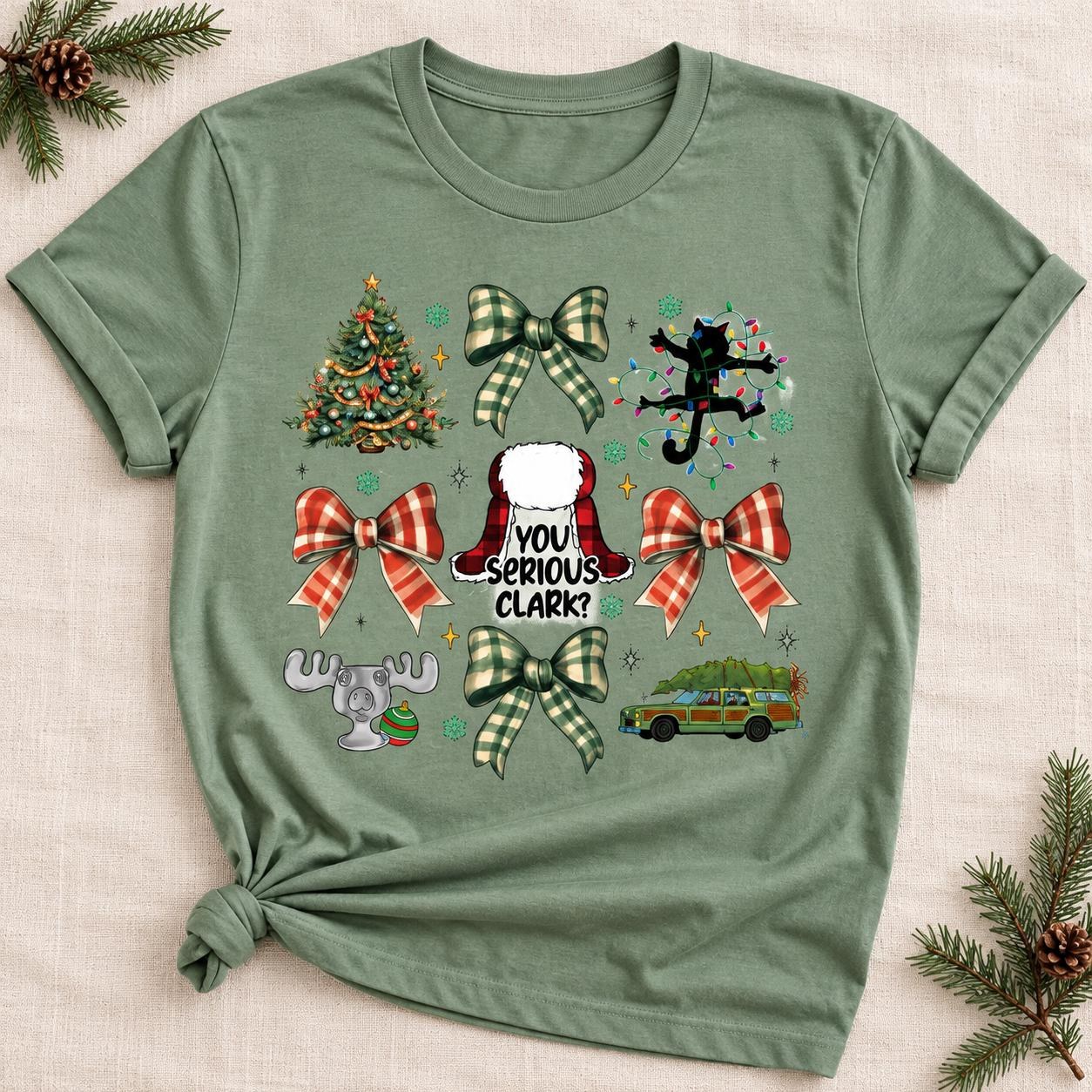 You Serious Clark Christmas Shirt, Plaid Bows Holiday Collage Graphic Tee, view 2