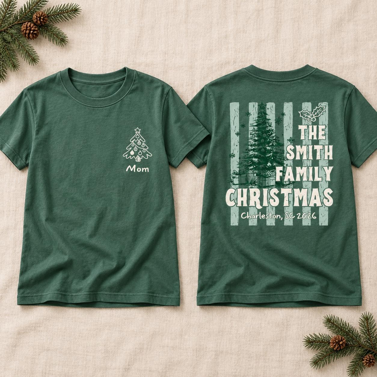 Personalized Family Christmas Shirt, Matching Holiday Front and Back Graphic Tee