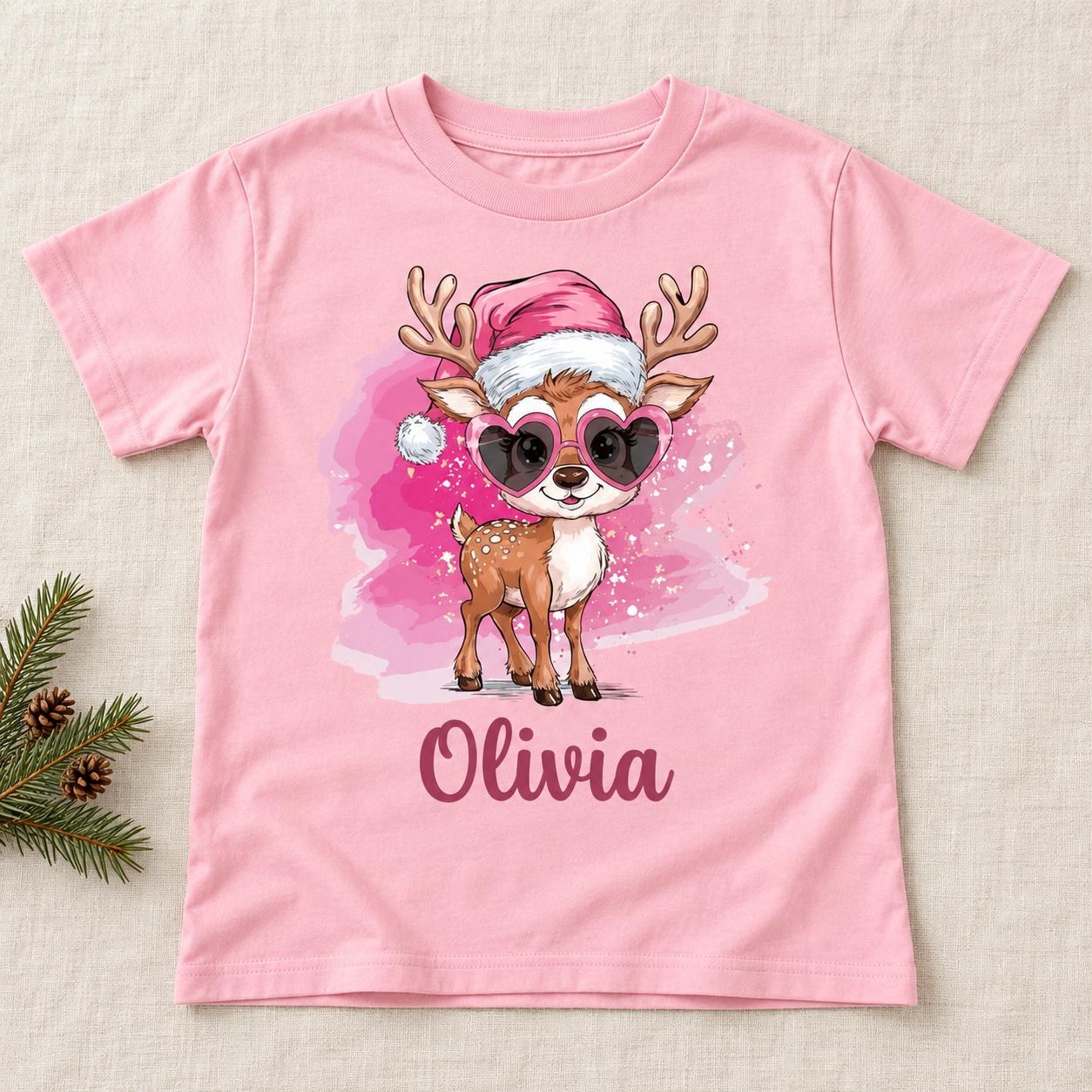 Personalized Reindeer Christmas Shirt for Kids, Pink Sunglasses Holiday Youth Tee