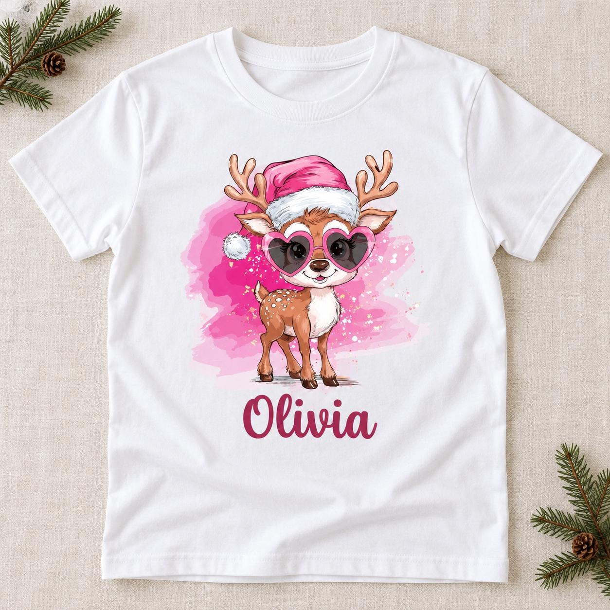 Personalized Reindeer Christmas Shirt for Kids, Pink Sunglasses Holiday Youth Tee, view 2