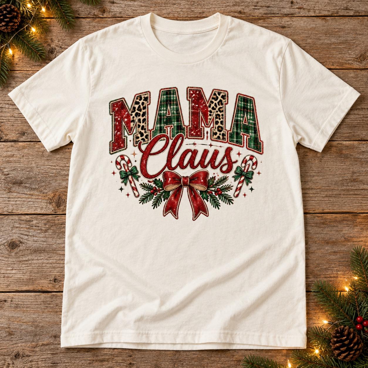Mama Claus Christmas Shirt, Patchwork Holiday Mom Graphic Tee