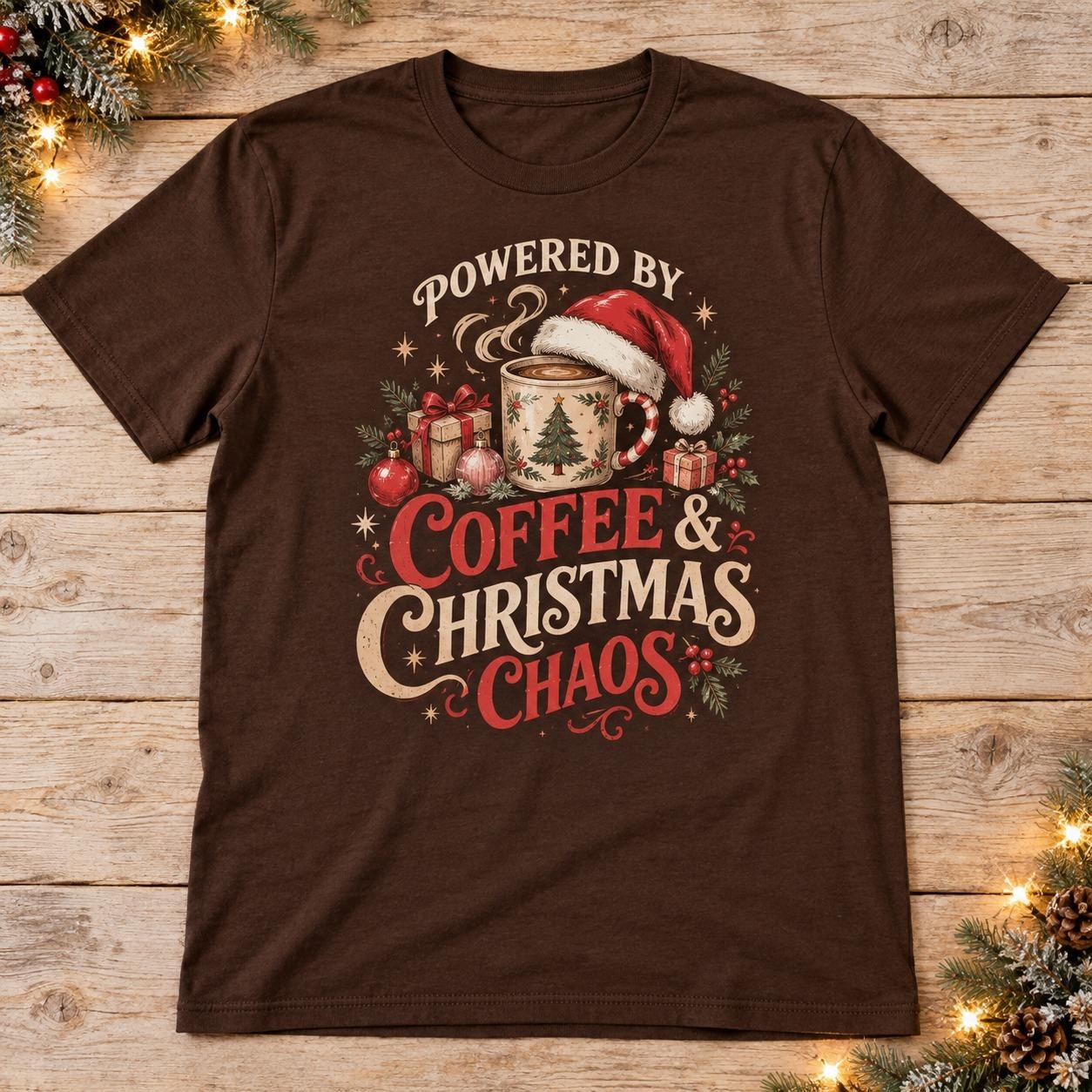 Powered by Coffee and Christmas Chaos Shirt, Funny Mom Holiday Tee