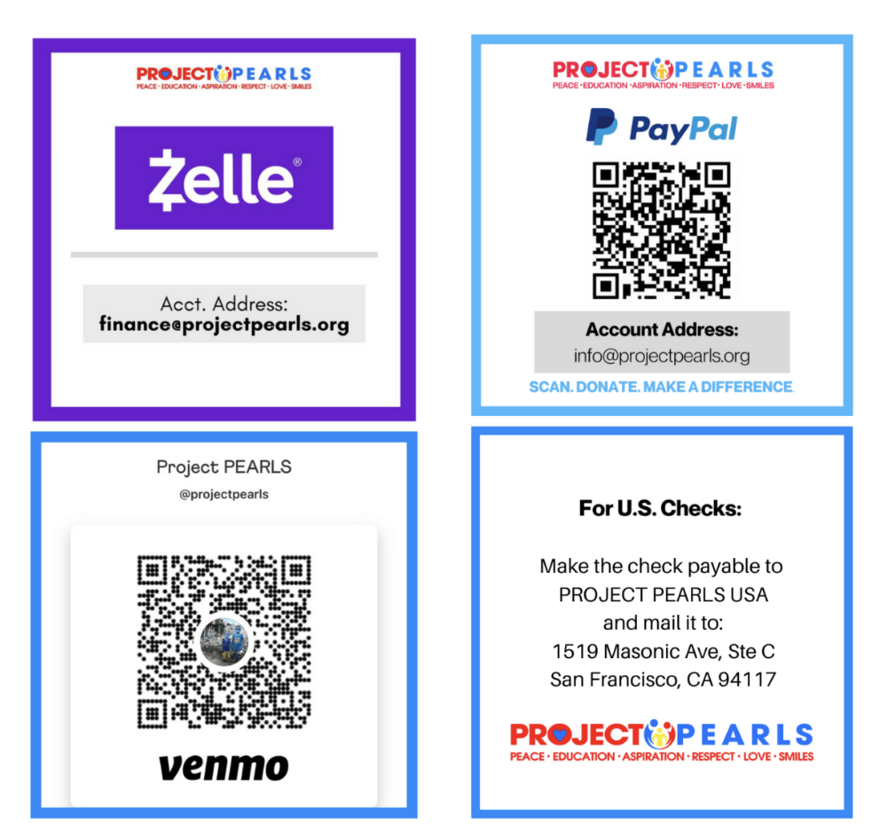 Project PEARLS donation options for Zelle, PayPal, Venmo and US checks