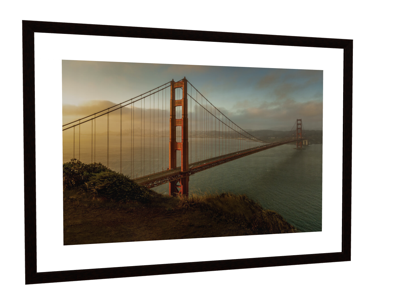 Golden Gate Bridge photograph with a white mat in a dark wood frame