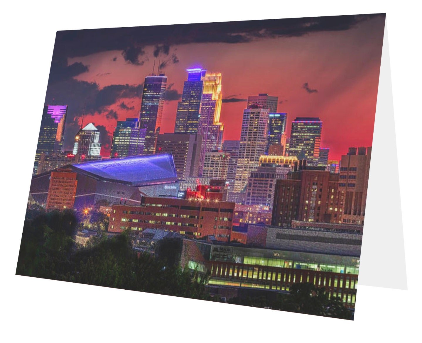 Sunset over Minneapolis Skyline and US Bank Stadium, Minneapolis, Minnesota - Greeting Card